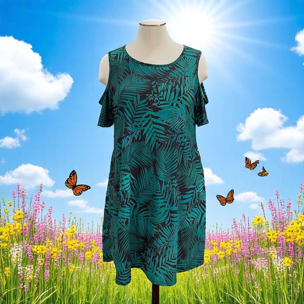 Kancystore Cold Shoulder Dress Green Palm Print Casual Tunic XL Summer NWT